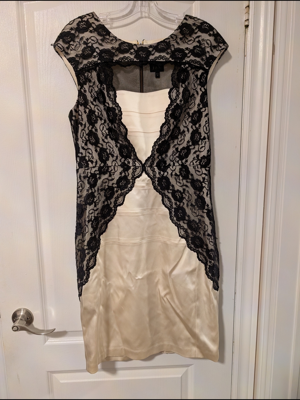 Jax Cream Satin Midi Dress with Black Lace Overlay